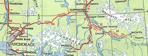 Topographic and road map to Chitina, including Anchorage, Glennallen, Valdez